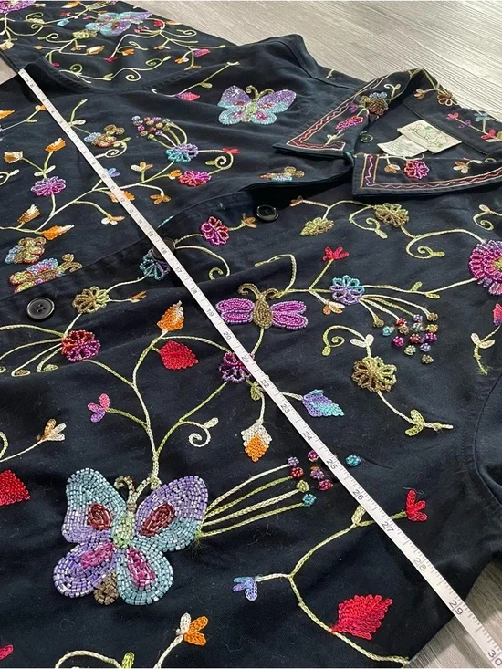 Quacker Factory Black Embroidered Beaded Button Up Blazer Jacket w/ Teal Trim - Picture 7 of 7